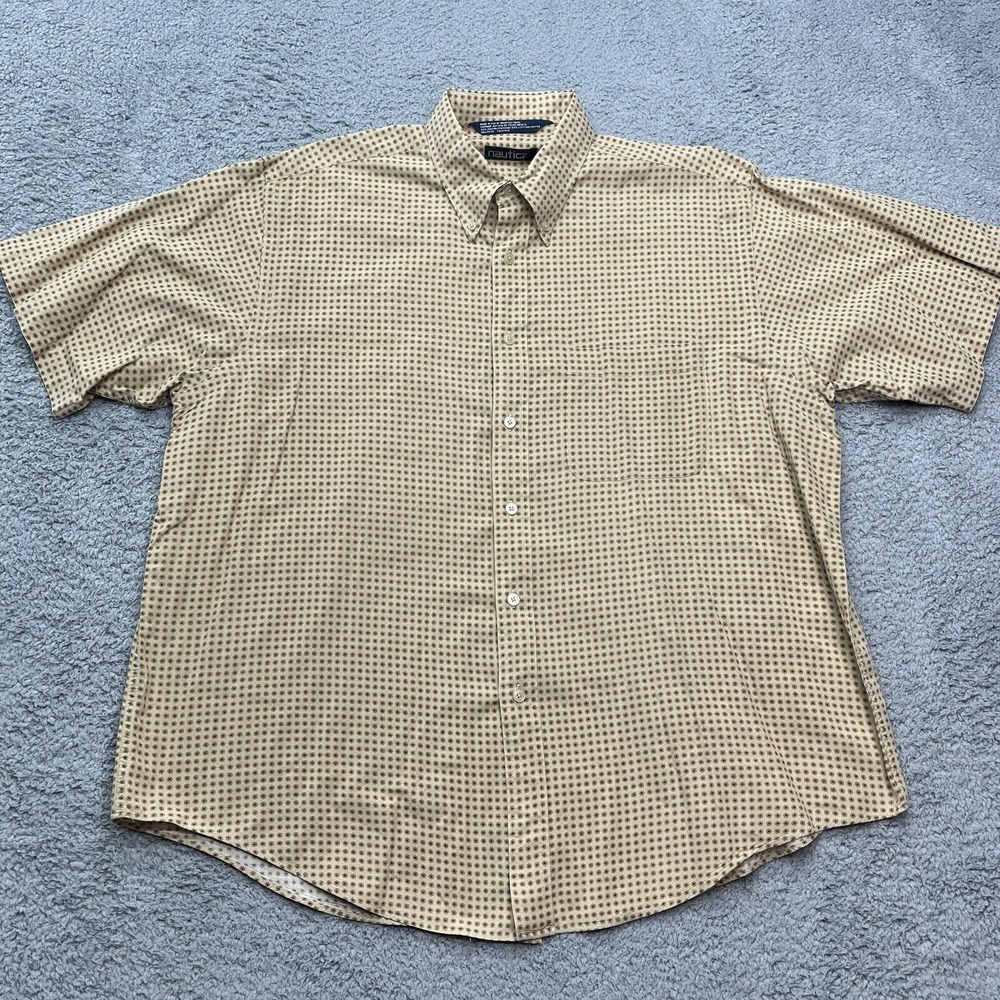 Nautica Short Sleeve Shirt Mens XL Vintage Beige‎ Geometric AOP Made in USA